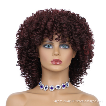 Glueless Short Manufacturers Wholesale With Bang Hot Selling Wine Red Bob Cut Heat Resistant Kinky Synthetic Wigs Curly
